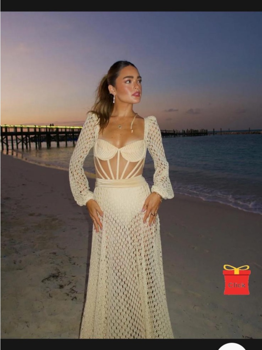 Cream Crochet Long-Sleeve Maxi Dress - Elegant Beach Crochet Gown